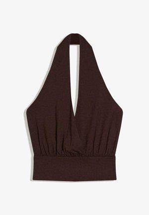 Top crop breton fără mâneci de culoare maro închis, cu decolteu adânc în V și material adunat sub bust.