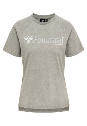 Short gray t-shirt made of soft fabric, featuring a crew neckline and short raglan sleeves. The front displays a white logo and text.