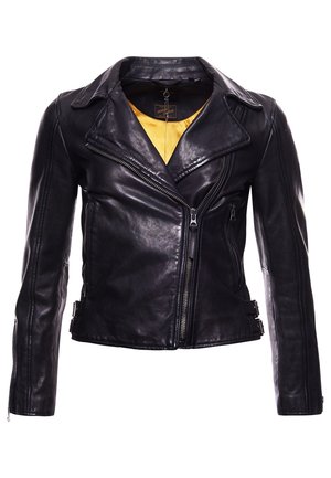 Veste de moto en cuir noir avec fermeture éclair asymétrique, col à revers, boucles latérales et doublure intérieure jaune visible.