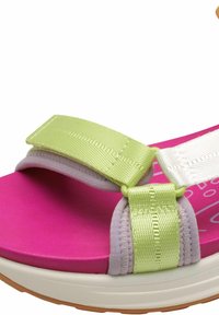 Pink sandal with a textured footbed, featuring green and white adjustable straps made of shiny material. Rubber outsole for grip.
