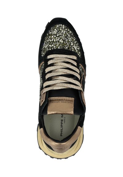 Black sneaker featuring a glittery textile upper, gold accents, and a suede finish. Light-colored laces and a cushioned sole are visible.