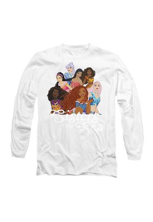 White long-sleeve shirt featuring a colorful graphic of diverse female characters, with text "Sisters of the Sea" in fancy font.