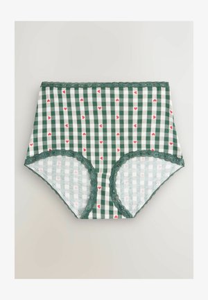 Zaļi un balti svītraini augstās jostas vietas apakšveļa ar maziem sarkaniem sirsniņām, ar mežģīņu apdari apmēram pie jostasvietas un kājstarpe.