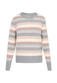 Gestreifter Pullover mit Rundhalsausschnitt. Die Farben umfassen hellbeige, hellgrau und dunkelgrau. Weicher Stoff, gerippte Bündchen und Saum.