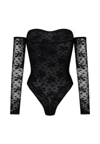 Zwarte bodysuit met off-shoulder ontwerp, doorschijnende bloemenkant mouwen en getailleerde pasvorm. Fijn bloemenpatroon door het geheel met golvende randen.