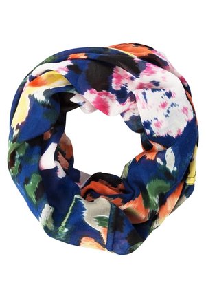 Multicolor infinity scarf with abstract floral patterns in blue, pink, orange, green, yellow, and black, arranged in a loose circular loop.