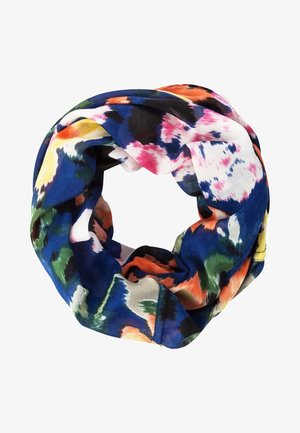 Wielokolorowy szalik typu infinity z abstrakcyjnymi kwiatowymi wzorami w odcieniach niebieskiego, różowego, pomarańczowego, zielonego, żółtego i czarnego, ułożony w luźną, okrągłą pętlę.