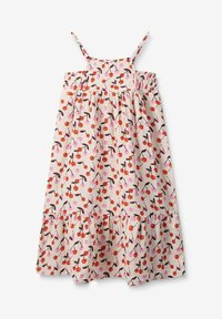 Blumenkleid mit dünnen Spaghettiträgern, gerafftem Oberteil und gestuftem Saum. Es hat ein Kirschmuster in Rot, Rosa und Braun auf einem cremefarbenen Hintergrund.