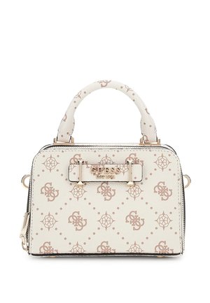 Borsa bianca realizzata in materiale testurizzato, con un design a motivi in marrone chiaro. Finiture dorate e una maniglia corta con una tracolla removibile.