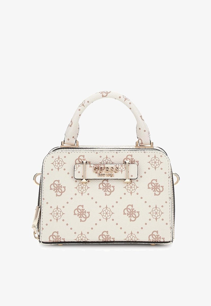 Borsa bianca realizzata in materiale testurizzato, con un design a motivi in marrone chiaro. Finiture dorate e una maniglia corta con una tracolla removibile.