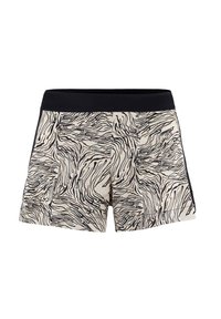 Shorts noirs et beiges présentant un motif de zèbre tourbillonnant, une taille élastique et une texture douce. Convient pour les vêtements de sport.