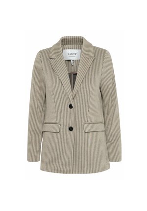 Striped blazer in beige with vertical lines. Features a notched collar, black buttons, and two front pockets. Textured fabric.