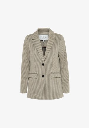 Striped blazer in beige with vertical lines. Features a notched collar, black buttons, and two front pockets. Textured fabric.