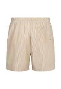 Beige csíkos rövidnadrág elasztikus derékkal, oldalsó zsebekkel és hátsó foltzsebbel. Az anyag könnyű és textúrált.