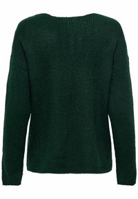 Pull tricoté vert foncé à manches longues avec col rond, montrant un tissu texturé et une coupe décontractée vue de dos.