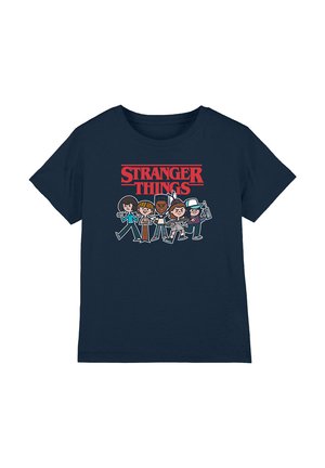 Navy cotton t-shirt with "Stranger Things" logo in red. Features cartoon style characters from the series in a line below the logo.