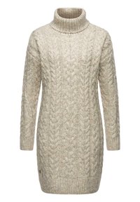 Maglione a collo alto in maglia cable-knit di un color beige chiaro. Presenta maniche lunghe, orlo a costine e motivi a punto testurizzato. Materiale morbido in misto lana.