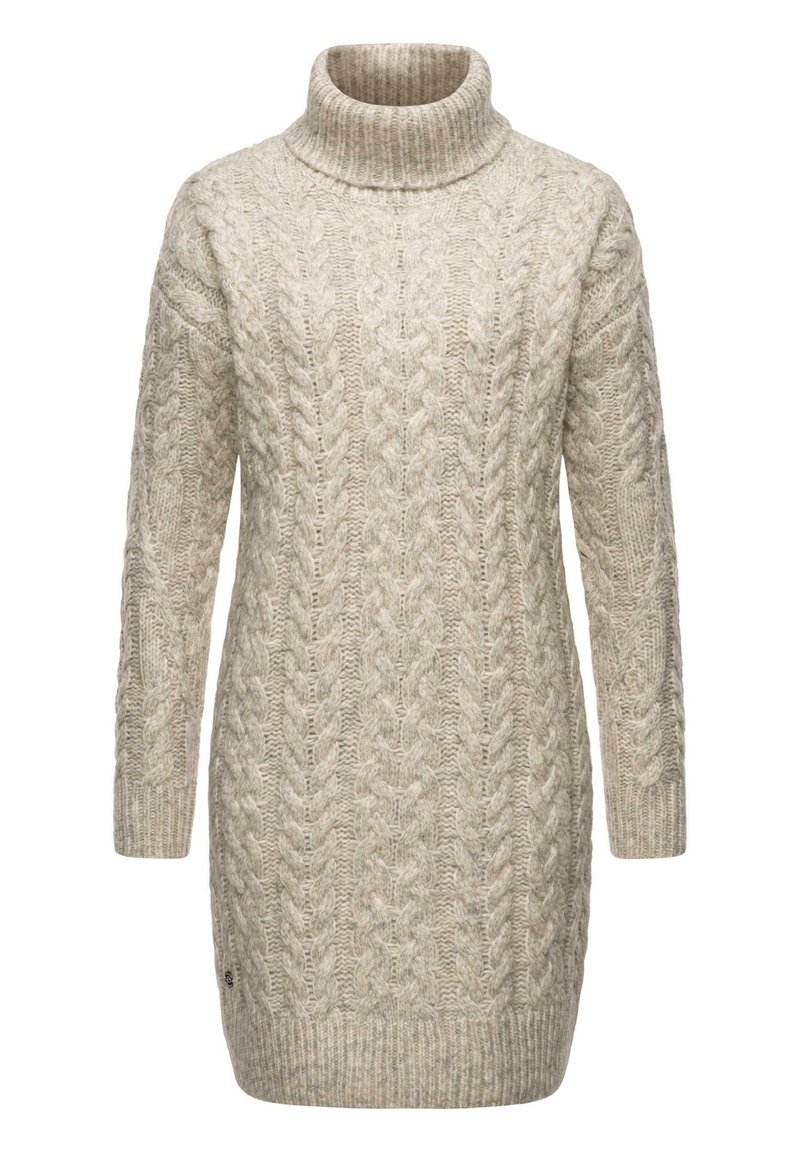 Maglione a collo alto in maglia cable-knit di un color beige chiaro. Presenta maniche lunghe, orlo a costine e motivi a punto testurizzato. Materiale morbido in misto lana.