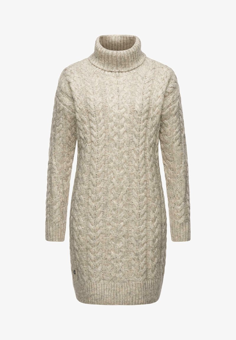 Maglione a collo alto in maglia cable-knit di un color beige chiaro. Presenta maniche lunghe, orlo a costine e motivi a punto testurizzato. Materiale morbido in misto lana.
