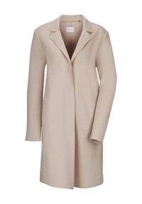 Beiger Wollmantel mit schmalem Kragen, vorderen Klappentaschen und einem goldfarbenen Verschluss. Weiche Textur und mittellanges Design.