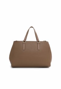 Braune Leder-Tote mit zwei kurzen Griffen, strukturierten Oberflächen, weichen Kanten und einem Reißverschluss. Minimalistische Hardware-Details.