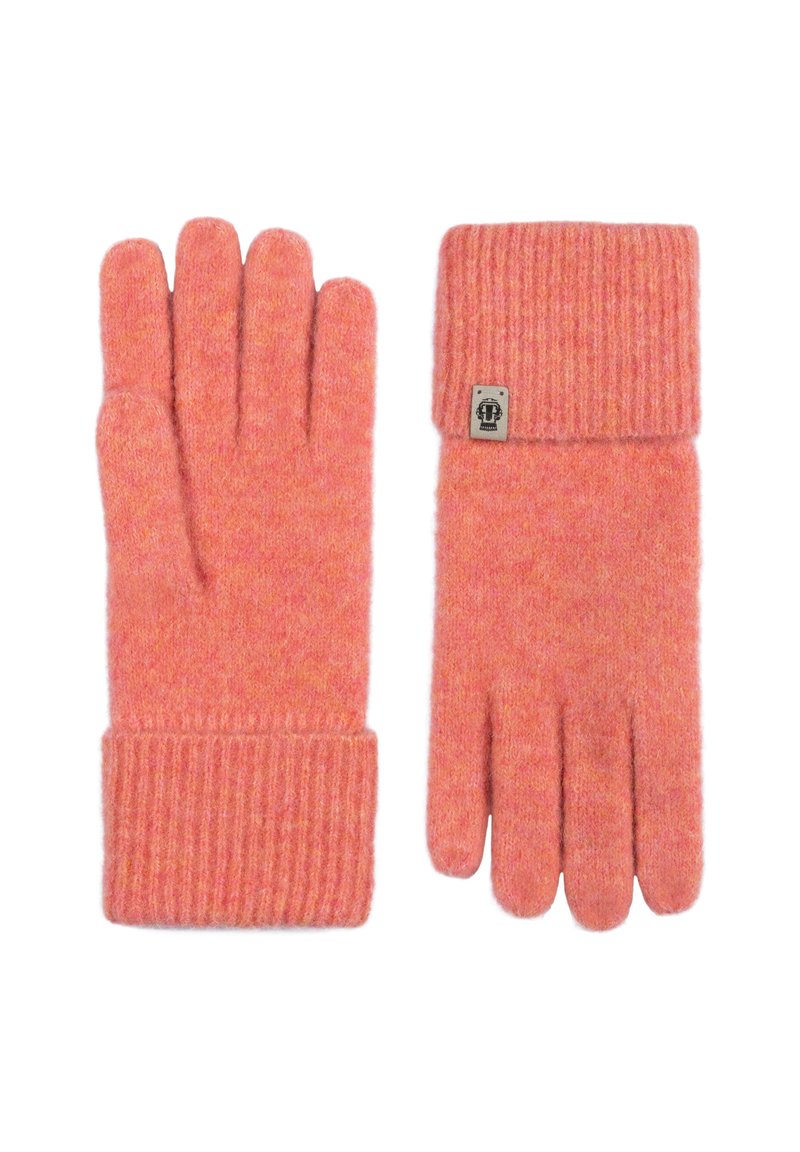 Wollhandschuhe in einem sanften Pfirsichton mit gerippten Bündchen. Sie haben fünf Finger und ein kleines Logotag am Bündchen. Warme, gestrickte Textur.