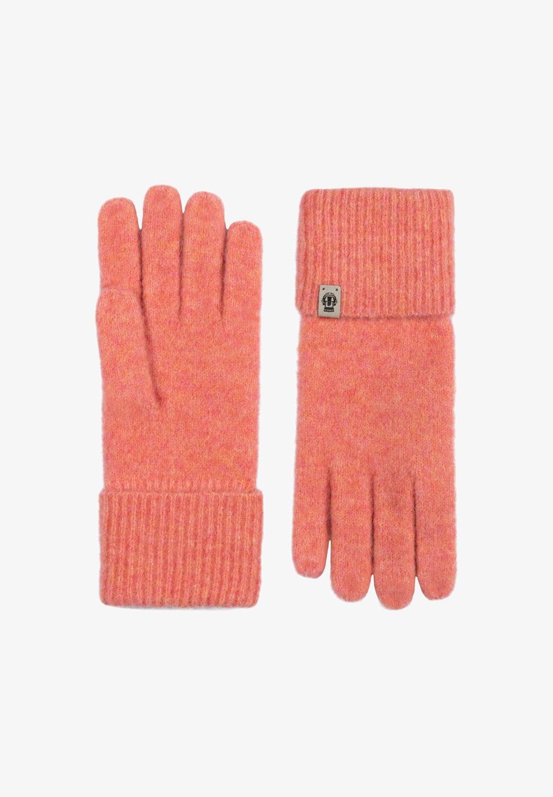 Wool gloves in a soft peach color with ribbed cuffs. Features five fingers and a small logo tag on the cuff. Warm knitted texture.