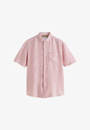 Camicia a maniche corte con bottoni di colore rosa chiaro, con una tasca sul petto, tessuto strutturato e design del colletto classico.