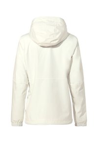 Lightweight white waterproof jacket with a hood, elastic cuffs, and a smooth texture. Simple design with no visible hardware or patterns.