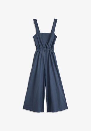 Combinaison sans manches bleu marine avec jambes larges, encolure carrée et taille élastiquée cintrée.