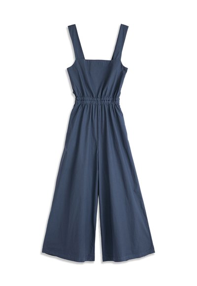 Combinaison sans manches bleu marine avec jambes larges, encolure carrée et taille élastiquée cintrée.