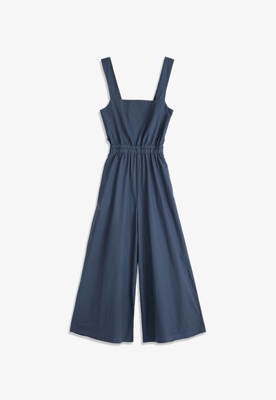 Combinaison sans manches bleu marine avec jambes larges, encolure carrée et taille élastiquée cintrée.