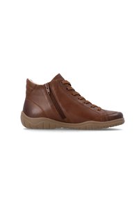 Bottine en cuir marron avec lacets et fermeture éclair latérale, semelle en caoutchouc beige et détails cousus.