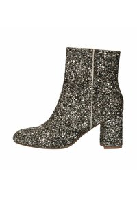 Glitter enkelboot met een vierkante neus, bedekt met zilveren en zwarte pailletten, voorzien van een chunky hak en een rits aan de zijkant voor gemakkelijk aantrekken.