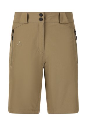 Shorts de randonnée beiges avec deux poches latérales zippées, fermeture à double bouton et logo de la marque. Fabriqués dans un tissu léger et texturé.