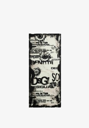 Tissu rectangulaire noir et blanc avec des illustrations de tournesols dispersées et un texte en gras superposé incluant "DESIGUAL" et "IDENTITY".