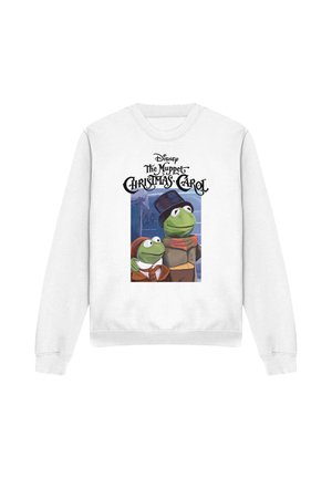 White sweatshirt with The Muppet Christmas Carol design showing Kermit the Frog characters dressed in Victorian clothing.