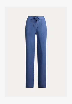 Pantalon en lin bleu avec taille à cordon, deux poches avant, coupe droite et texture lisse.