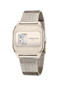 Orologio argento con cassa ottagonale, bracciale in rete metallica e quadrante aperto che mostra marcatori delle ore evidenti. Nome del brand "LIEBESKIND" visibile.
