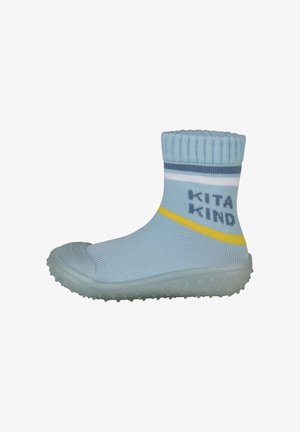 Light blue toddler sock shoe with rubber sole, yellow and white stripes, and "KITA KIND" text on the side.