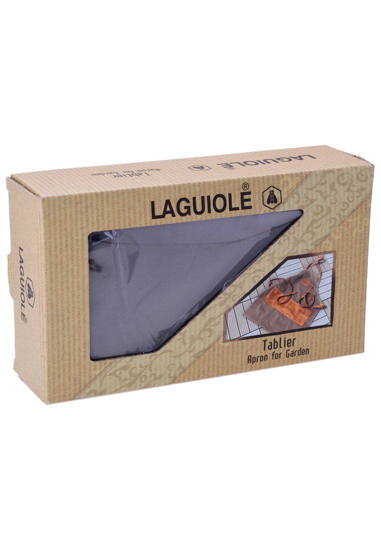 Tablier de jardin Laguiole dans une boîte d'emballage. Le tablier est gris avec une finition texturée, mettant en avant des illustrations de design et des caractéristiques.