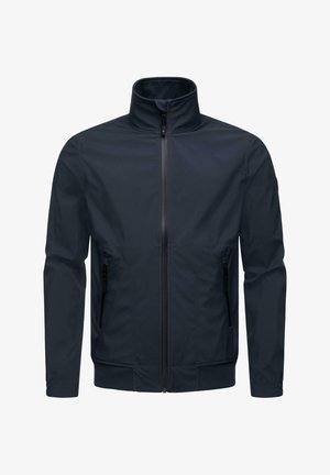 Navyblauwe jas met hoge kraag, frontale ritssluiting en twee zijzakken met rits. Gemaakt van gladde stof met elastische manchetten en tailleband.