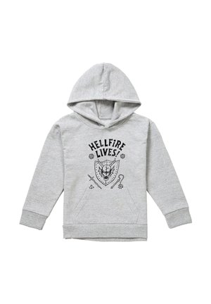Light gray hooded sweatshirt with black graphic featuring a horned skull on a shield, crossed sword and flail, and text "HELLFIRE LIVES!"