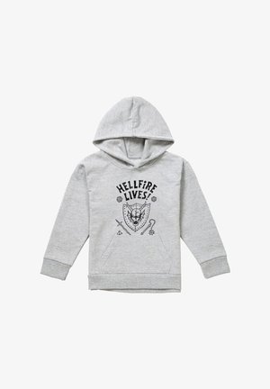Hellgrauer Kapuzenpullover mit schwarzem Motiv, das einen gehörnten Totenschädel auf einem Schild, gekreuztes Schwert und Morgenstern sowie den Text "HELLFIRE LIVES!" zeigt