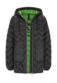 Giacca a vento nera con motivo a chevron, dotata di una fodera interna verde, zip frontale, due tasche laterali e cappuccio regolabile con stringa.