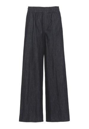 Pantaloni larghi grigio scuro con elastico in vita, realizzati in tessuto strutturato.