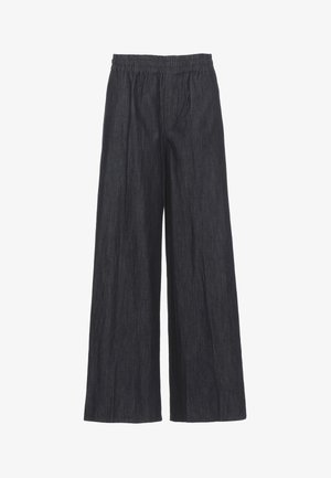 Pantaloni larghi grigio scuro con elastico in vita, realizzati in tessuto strutturato.