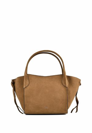 Borsa tote in pelle scamosciata marrone chiaro con doppi manici, lacci laterali e piccolo logo del marchio al centro davanti.