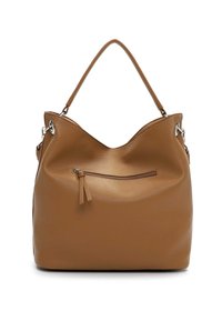 Brązowa skórzana torba typu hobo o luźnym fasonie, z górnym uchwytem, srebrnymi okuciami i przednią kieszenią na suwak. Teksturowana powierzchnia i gładkie wykończenie.