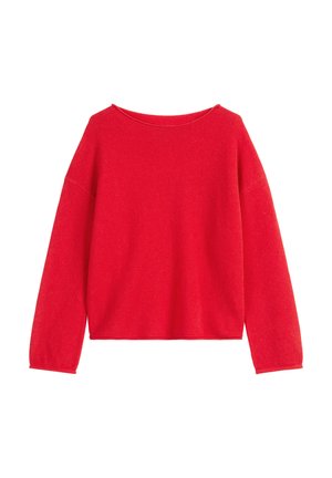 Rode gebreide trui met een brede halslijn, lange mouwen en een losse pasvorm. De stof lijkt zacht met een subtiele textuur. Korte lengte.